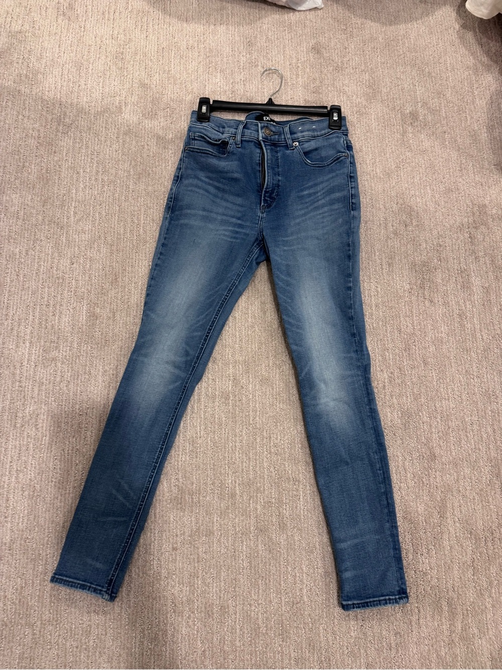 Express Women's Blue Skinny Jeans with Faded Detail